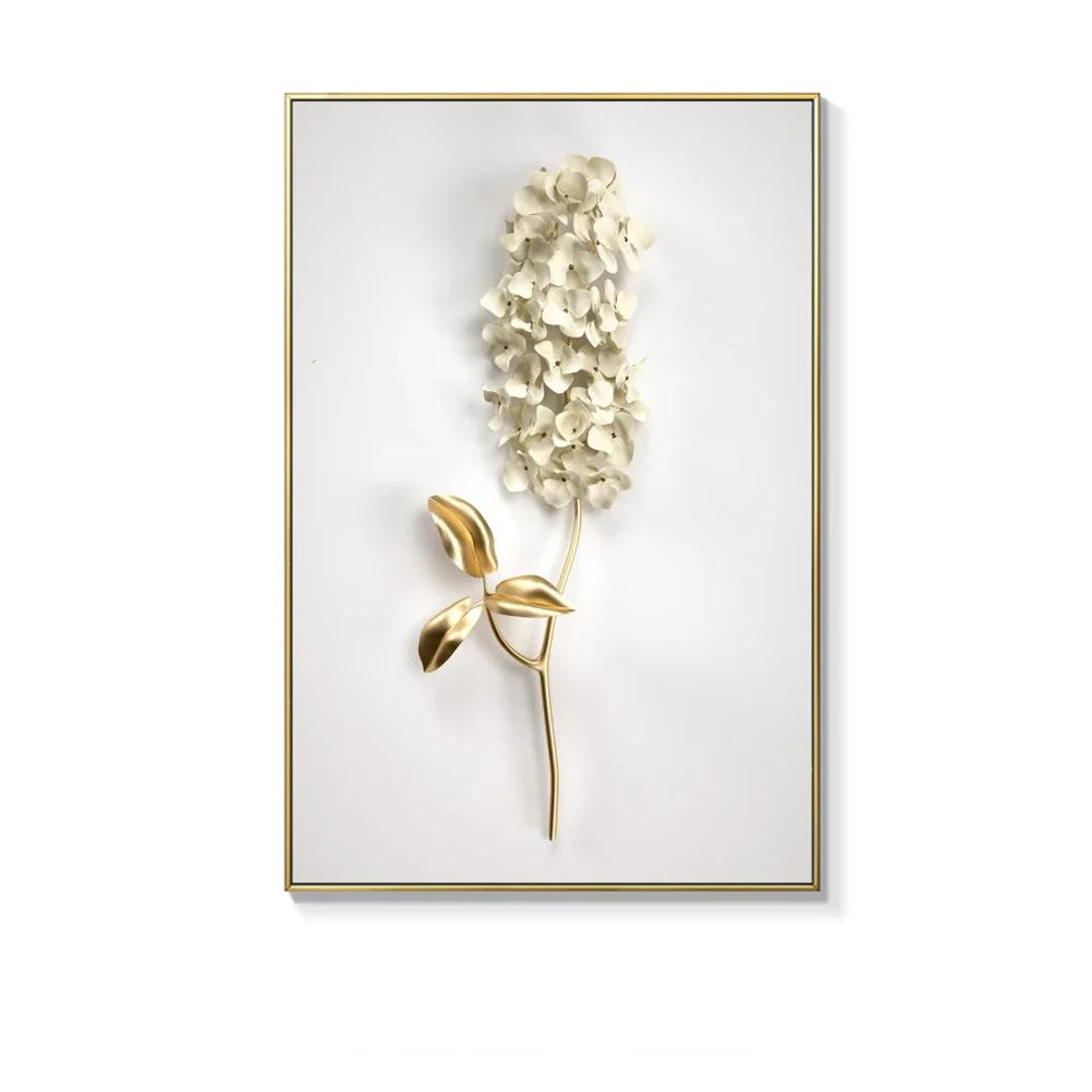 Decorative wall art with a gold flower and leaves on a white background
