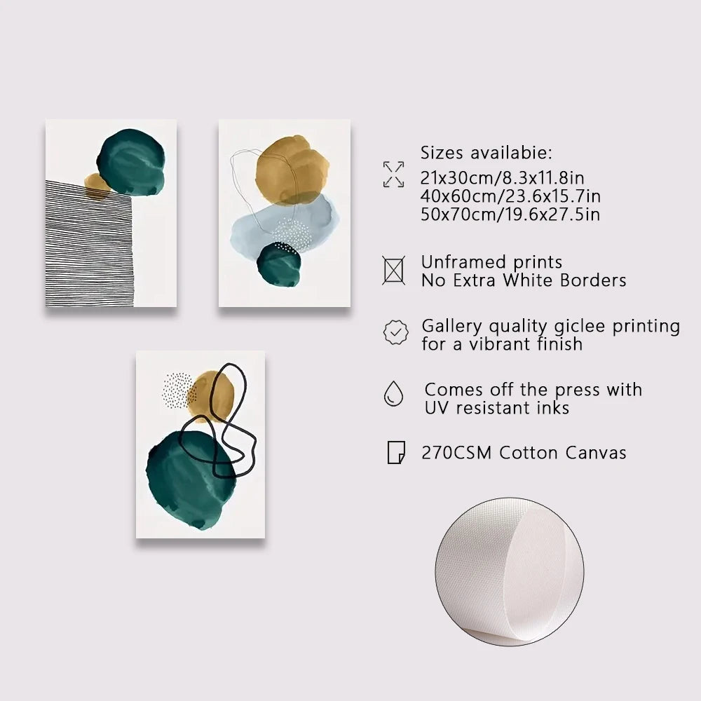 Three abstract art prints with size and material information on a light gray background