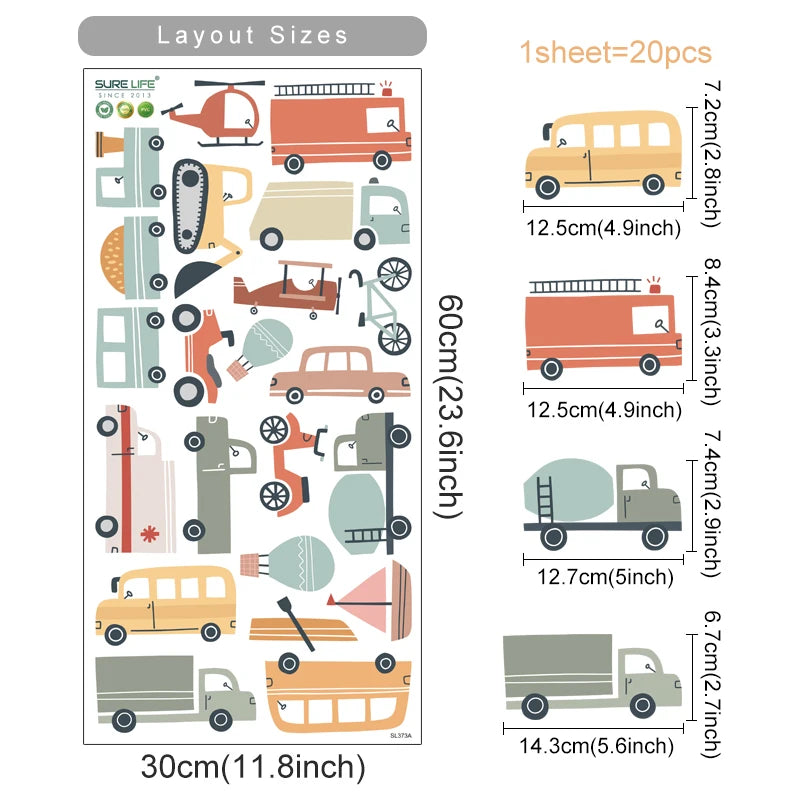 Cute Cartoon Trucks Buses & Cars Wall Stickers For Boy's Room Removable Peel & Stick PVC Wall Decals For Creative DIY Nursery Home Decor
