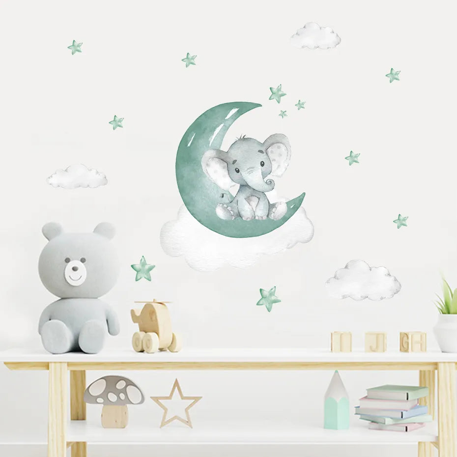 Cute Blue Moon Elephant & Stars Wall Stickers For Nursery Room Decor Removable Peel & Stick Wall Decals For Creative DIY Kid's Room Decor