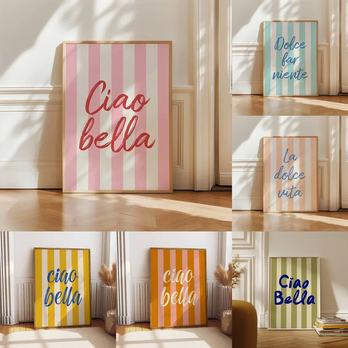 Collage of various framed prints with Italian phrases on a neutral background