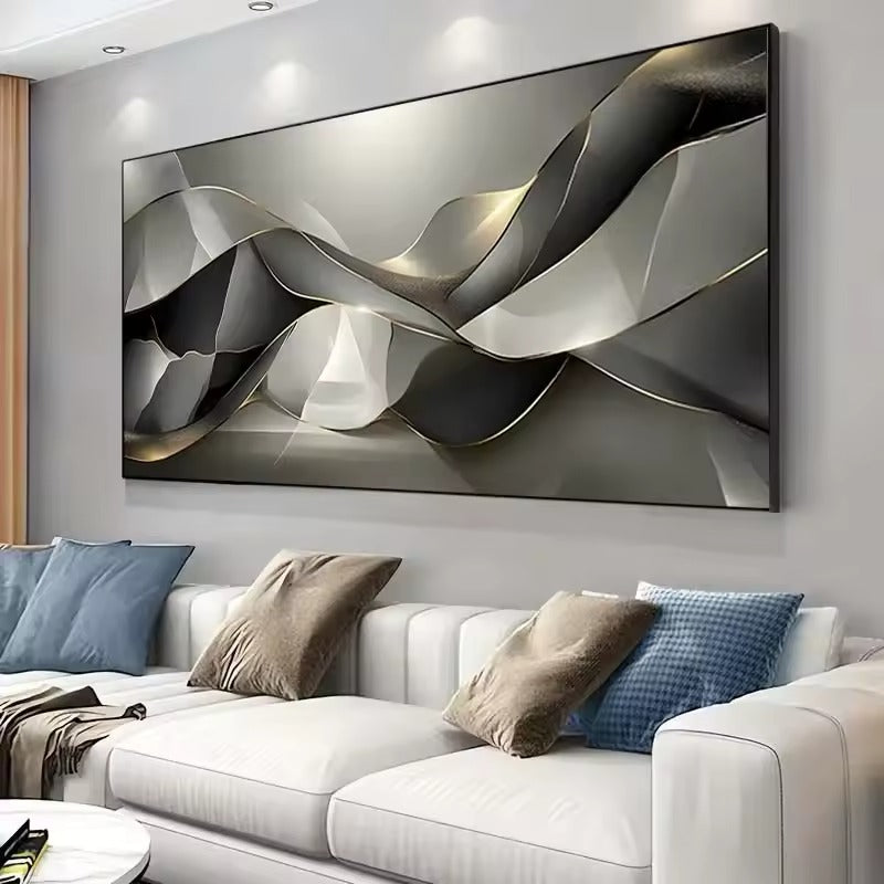 Black Grey Golden Abstract Flowing Geometric Wall Art Fine Art Canvas Prints Picture For Modern Apartment Living Room Dining Room Home Office Decor