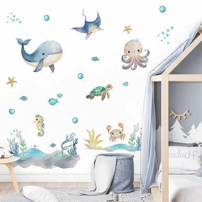 Cute Whale Turtle Octopus Wall Decals For Children's Nursery Room Underwater World Peel & Stick Wall Stickers For Creative DIY Kid's Room Decor