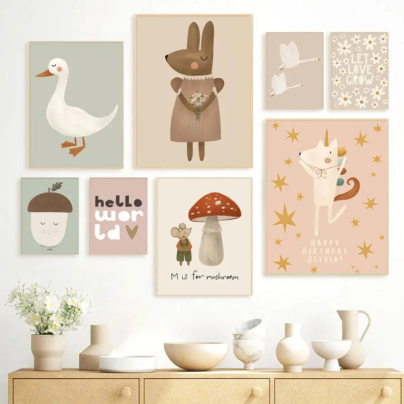 Cute Baby Animals Nursery Wall Art Illustrations Fine Art Canvas Prints Geese Mouse Lion Polar Bear Poster Pictures For Baby's Room Wall Decor