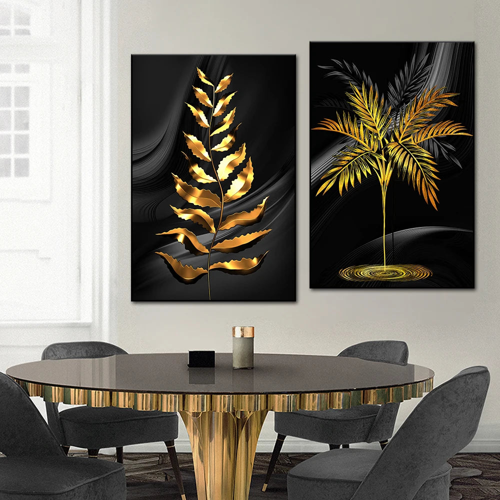 * Featured Sale * Exotic Tropical Botanical Black Golden Leaves Wall Art Fine Art Canvas Prints Pictures For Luxury Living Room Bedroom Boutique Hotel Decor