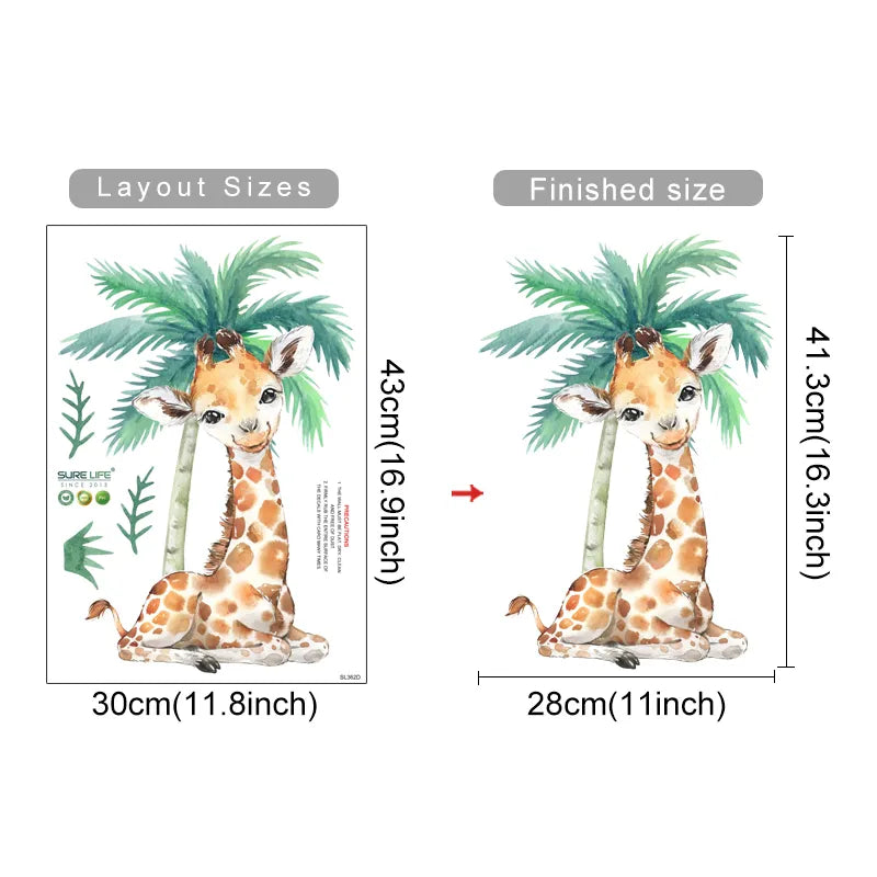 Cartoon Jungle Animals Leaves Watercolor Vinyl Wall Stickers for Kids Room Baby Nursery Room Decoration Elephant Giraffe Sticker