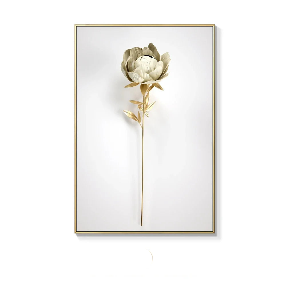 Framed artwork of a white flower with gold accents on a white background