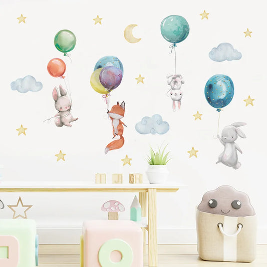 Cute Colorful Cartoon Bunnies Balloons Nursery Wall Stickers Removable Peel & Stick Vinyl Wall Decals For Creative DIY Kid's Room Wall Decoration