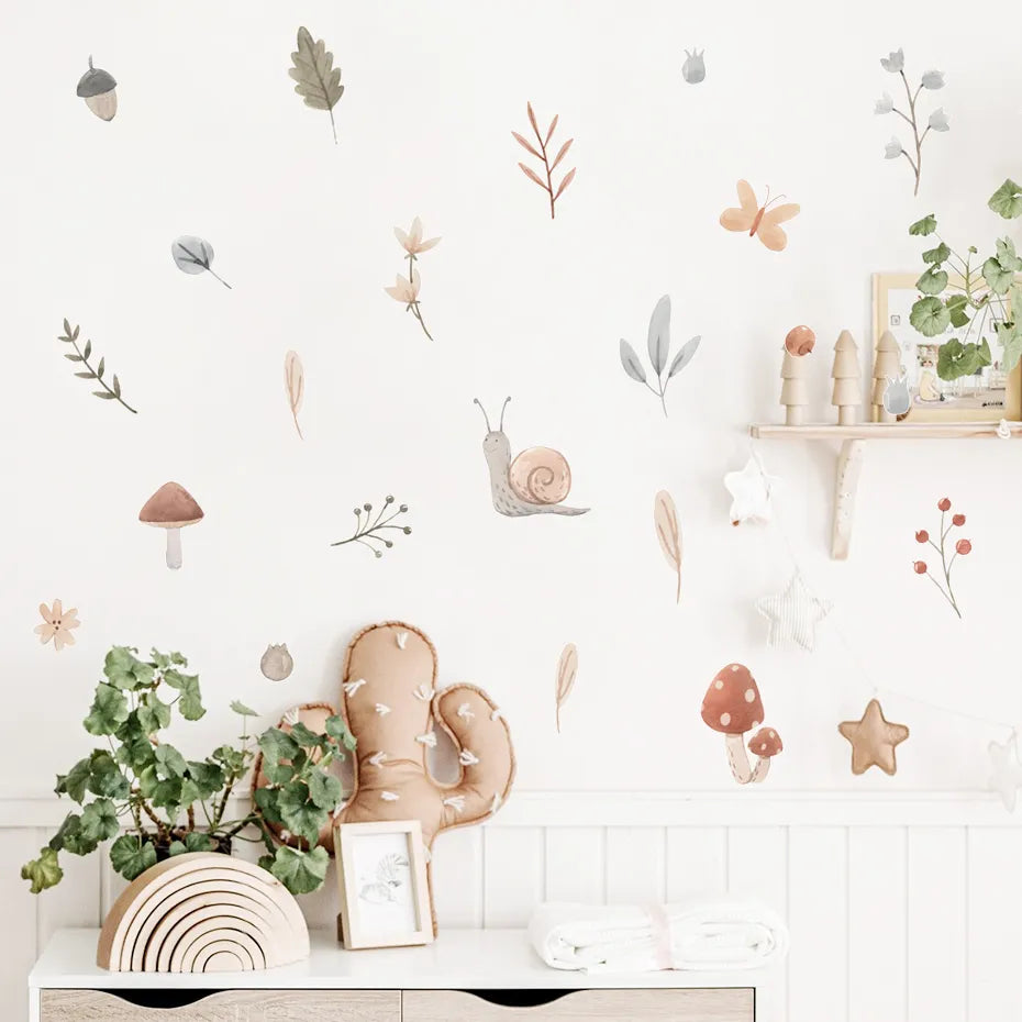 Cute Wild Woodland Snail Mushroom Acorn Leaves Wall Stickers For Baby's Room Removable Creative DIY Decor Peel & Stick Vinyl Wall Decals