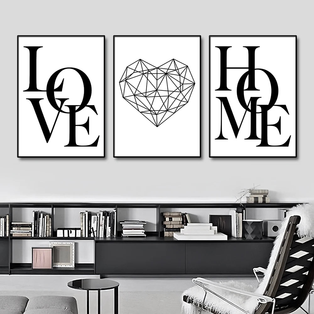 * Featured Sale * Set of 3Pcs Geometric Love Home Heart Wall Art Fine Art Canvas Prints Black White Minimalist Posters Pictures For Living Room Bedroom Art Decor