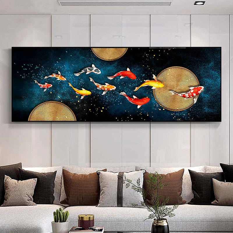 Auspicious Feng Shui Abstract Golden Fish Wall Art Fine Art Canvas Prints Wide Format Pictures For Living Room Above The Sofa Art For Above The Bed