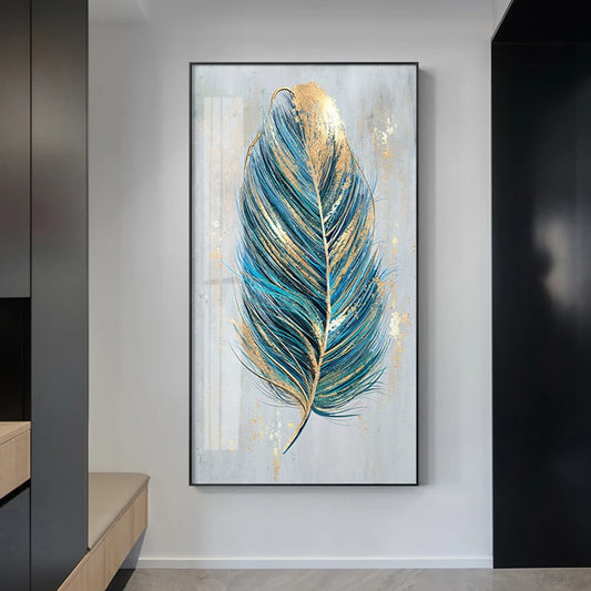 Blue Gray Golden Feather Wall Art Fine Art Canvas Print Modern Fashion Abstract Pictures For Living Room Bedroom Hotel Room Boutique Salon Art Decor