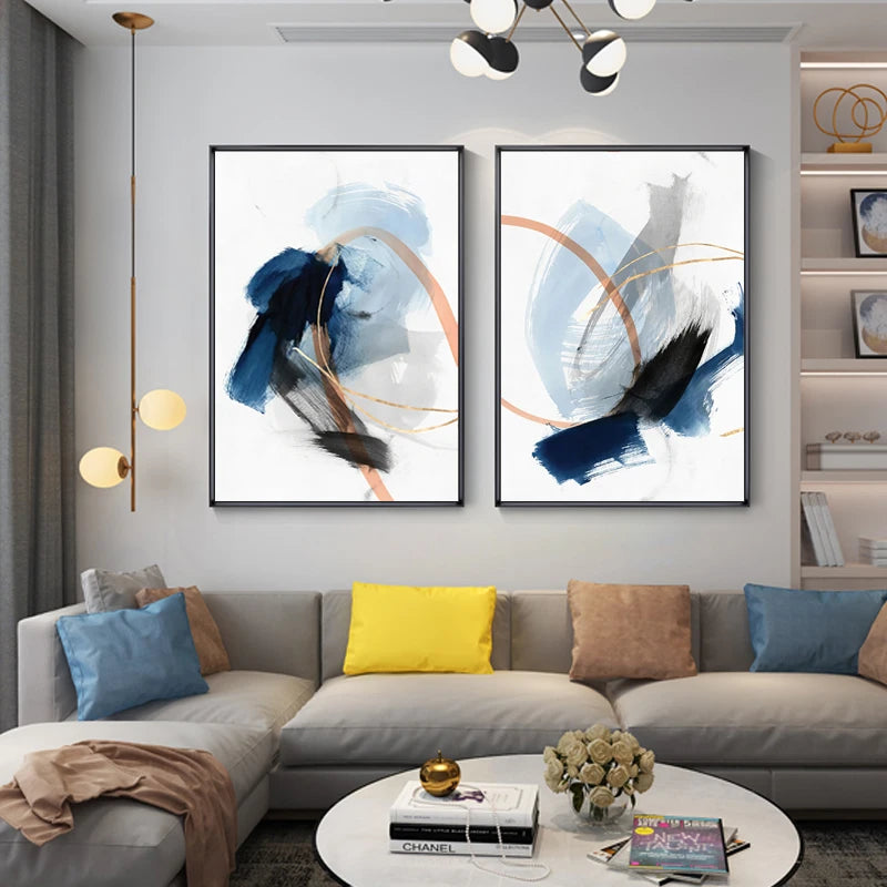 Modern Abstract Thick Brush Wall Art Fine Art Canvas Prints Blue Beige With Hints Of Orange Golden Nordic Pictures For Living Room Decor