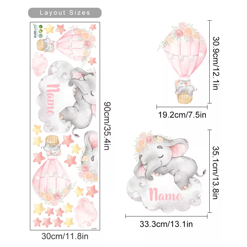 Cartoon Elephant Balloon Clouds Cute Wall Decals For Baby's Room Peel & Stick Removable Wall Stickers For Kid's Room Creative DIY Home Decor