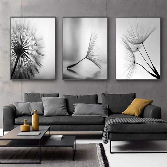 Minimalist Dandelion Wisps Wall Art Fine Art Canvas Prints Modern Black & White Posters For Living Room Bedroom Home Office Study