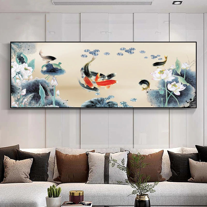 Auspicious Feng Shui Abstract Golden Fish Wall Art Fine Art Canvas Prints Wide Format Pictures For Living Room Above The Sofa Art For Above The Bed