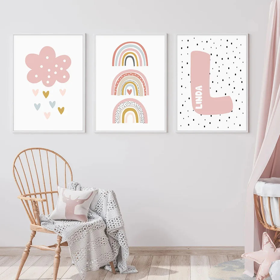Pink Rainbow Cloud Love Hearts Personalized Baby's Name Wall Art Posters Fine Art Canvas Prints For Nursery Room Children's Bedroom Decor