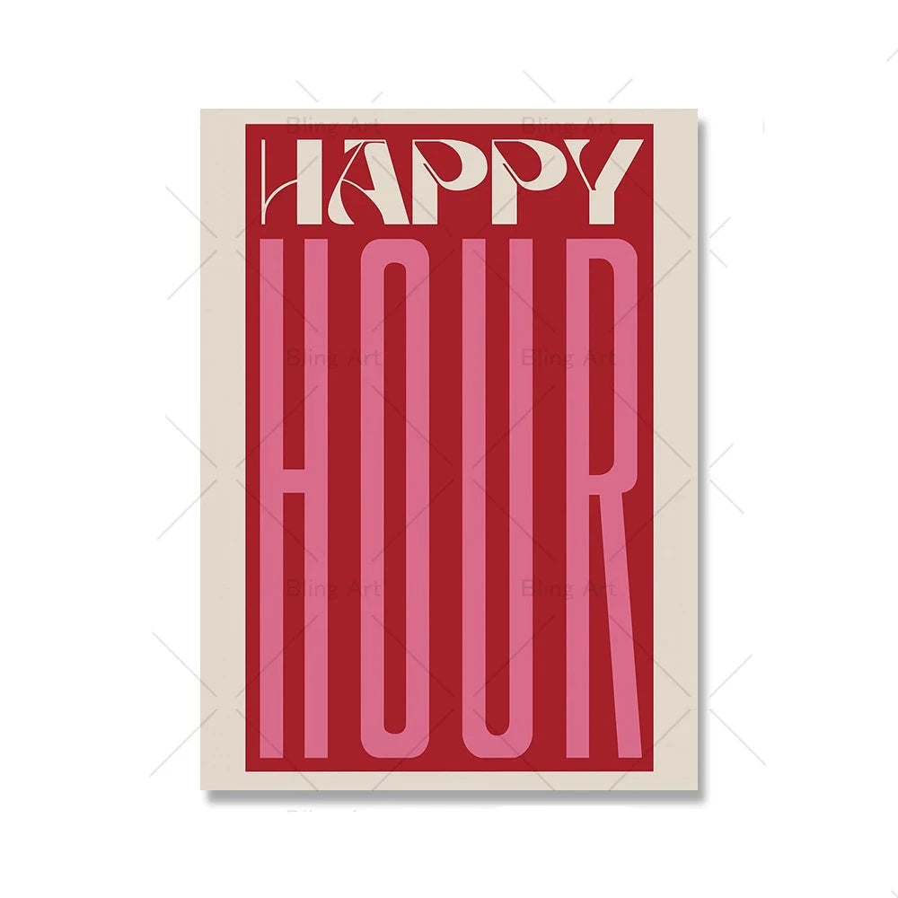 Retro Typographic Happy Hour Bar Cafe Kitchen Wall Art Fine Art Canvas Prints Pictures For Living Room Dining Room Colorful Art Decor