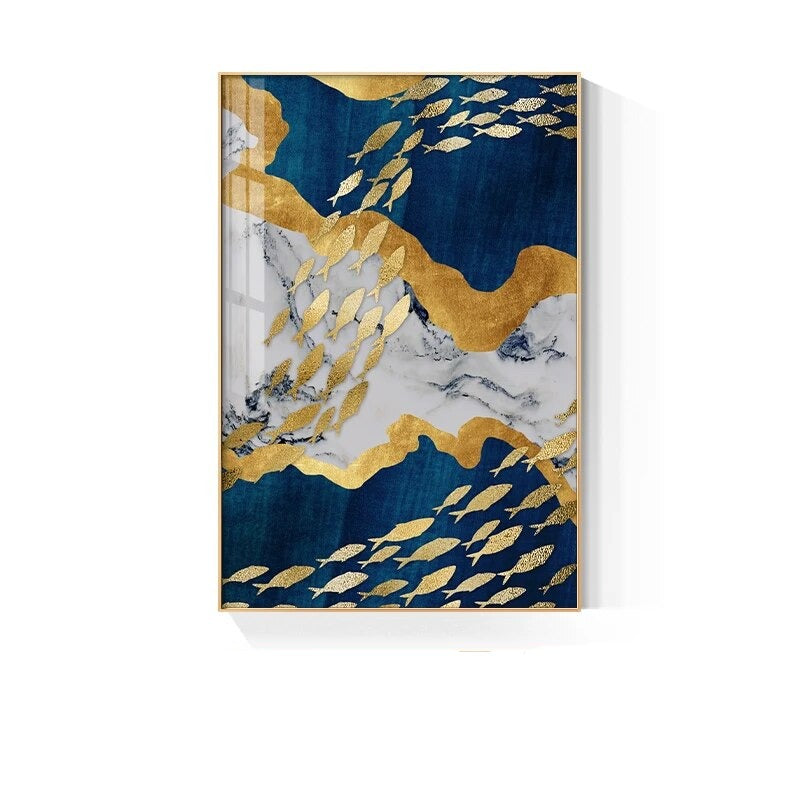 Auspicious Golden Fish In The Deep Blue Wall Art Fine Art Canvas Prints Modern Abstract Pictures For Home Office Boutique Hotel Art Decor
