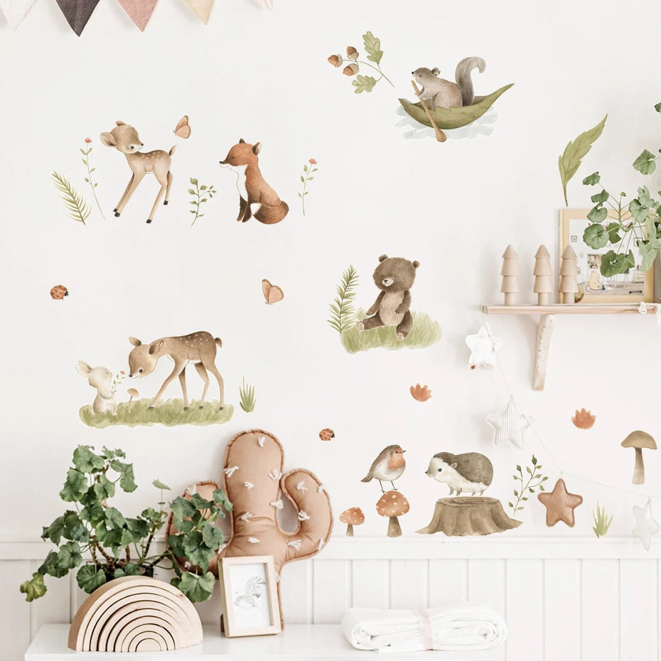 Cute Deer Rabbit Fox Squirrels In The Tree Wall Stickers For Children's Nursery Room Removable Peel & Stick Vinyl Wall Decals Creative DIY Decor