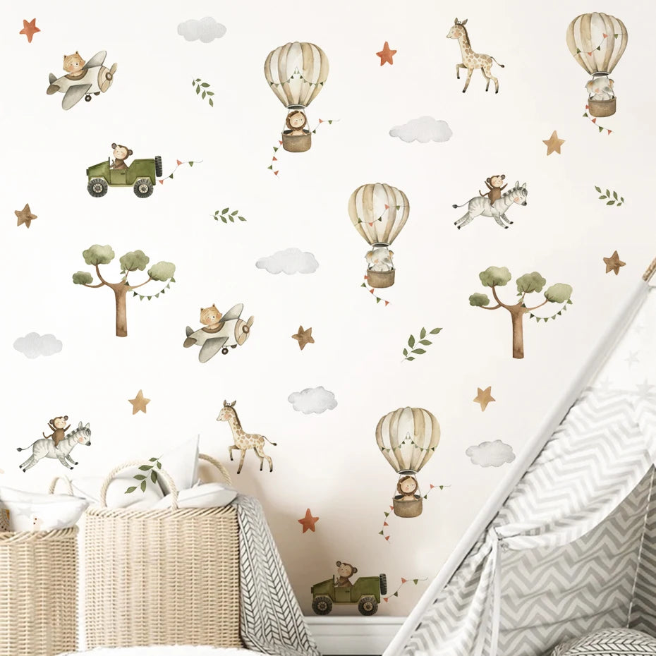 Vintage Hot Air Balloon Safari Wall Stickers For Kid's Room Removable Peel & Stick PVC Wall Decals For Creative DIY Children's Nursery Decor