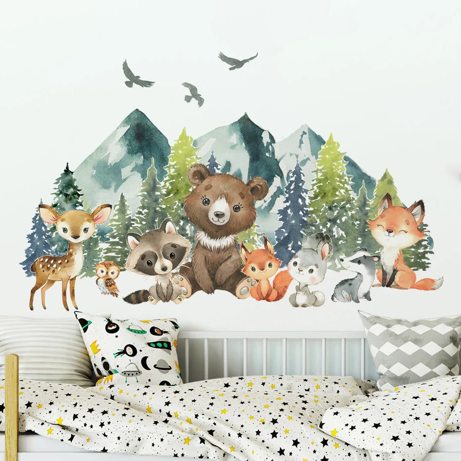 Cute Watercolor Woodland Animals Wall Stickers For Baby's Room Removable Peel & Stick PVC Wall Decal Mural For Creative DIY Nursery Decor 