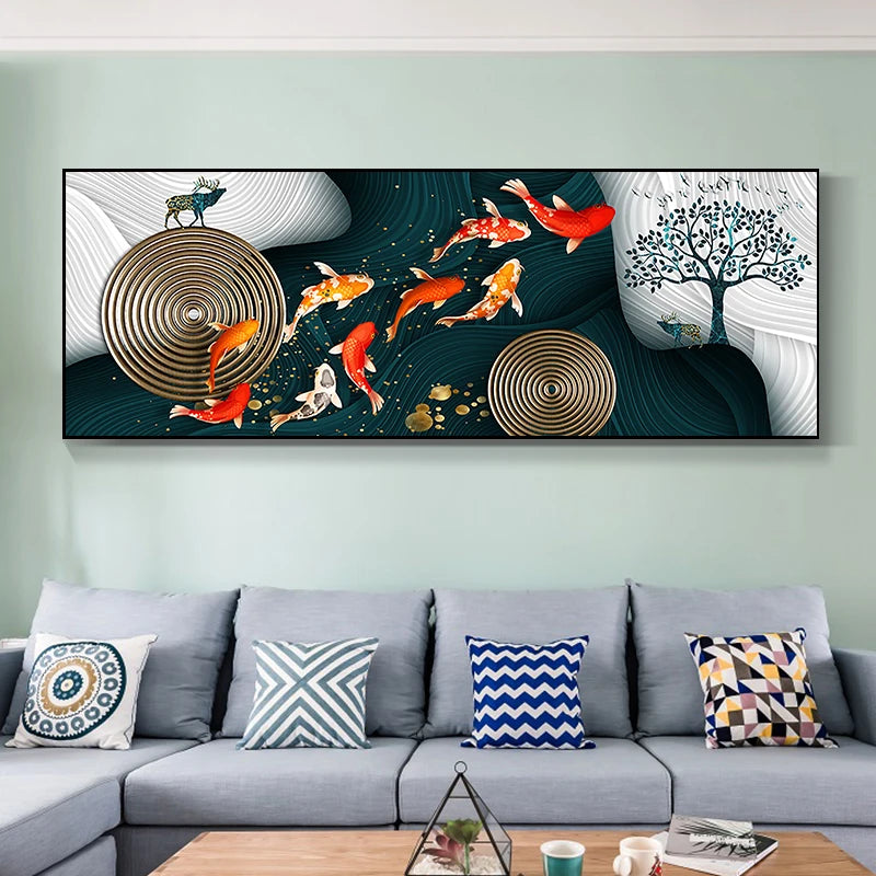 Auspicious Feng Shui Abstract Golden Fish Wall Art Fine Art Canvas Prints Wide Format Pictures For Living Room Above The Sofa Art For Above The Bed