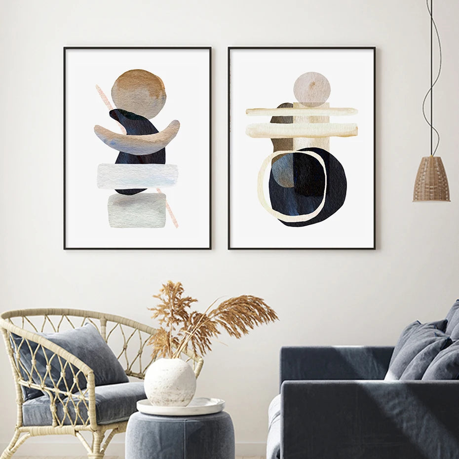 Neutral Colors Blue Brown Beige Watercolor Abstract Geometric Wall Art Fine Art Canvas Prints Pictures For Living Room Dining Room Bedroom Art Decor