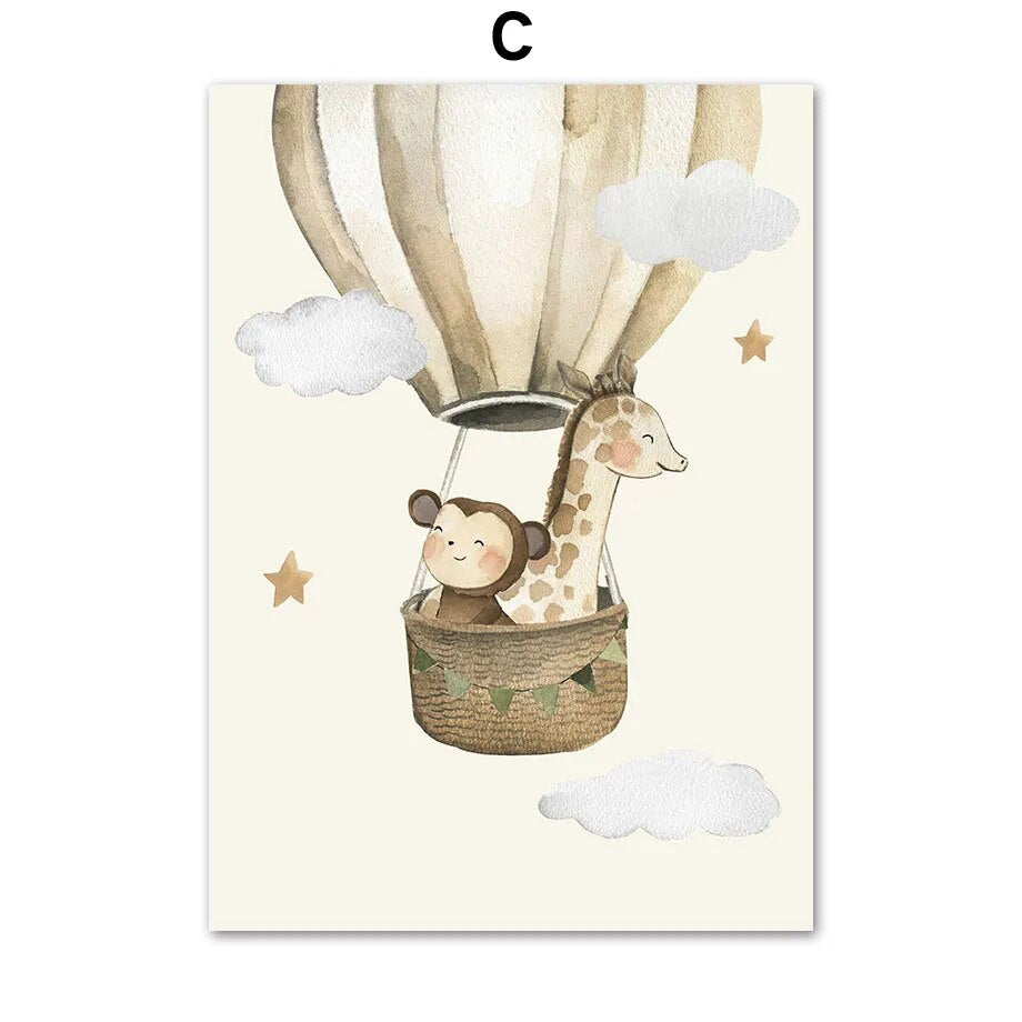 Jungle Giraffe Hot Air Balloon Nursery Wall Art Fine Art Canvas Prints Neutral Colors Posters For Kid's Room Baby's Room Wall Decoration
