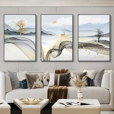 Set of 3Pcs Abstract Flowing Landscape Wall Art Fine Art Canvas Prints Auspicious Pictures For Living Room Home Office