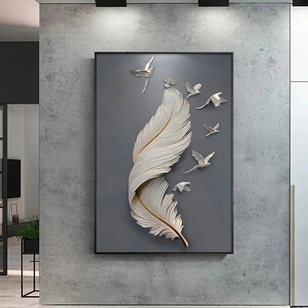 Seven Birds Feather Wall Art Fine Art Canvas Prints 3d Visualization Minimalist Abstract Pictures For Living Room Entranceway, Foyer Art Decor