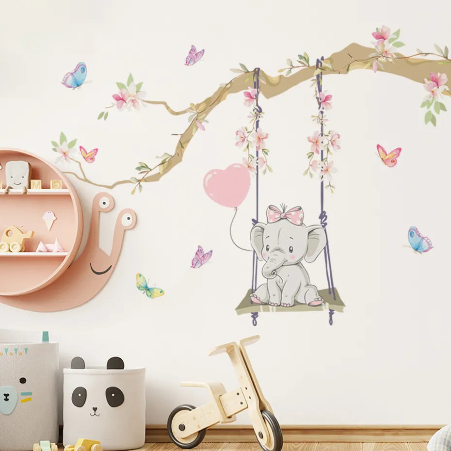 Cute Baby Elephant Balloons & Butterflies Wall Stickers For Children's Nursery Room Removable Peel & Stick Wall Decals For Creative DIY Home Decor