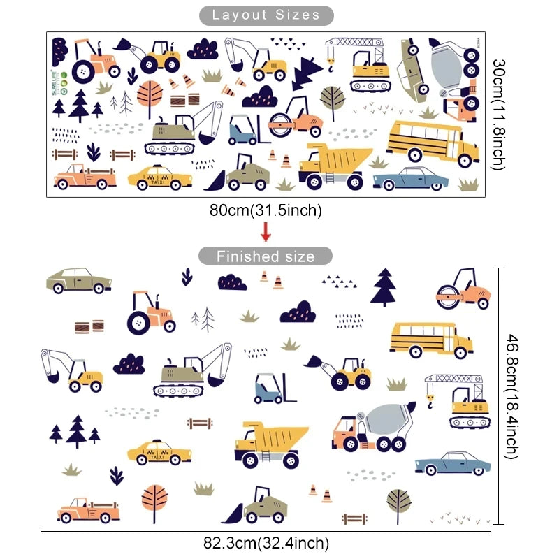 Cute Cartoon Trucks Buses & Cars Wall Stickers For Boy's Room Removable Peel & Stick PVC Wall Decals For Creative DIY Nursery Home Decor