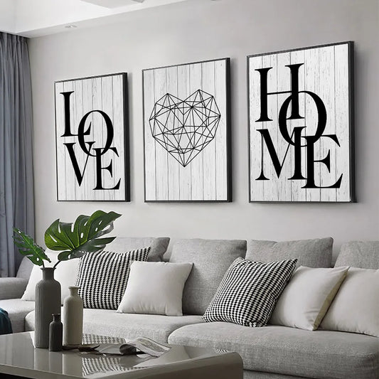 * Featured Sale * Set of 3Pcs Geometric Love Home Heart Wall Art Fine Art Canvas Prints Black White Minimalist Posters Pictures For Living Room Bedroom Art Decor