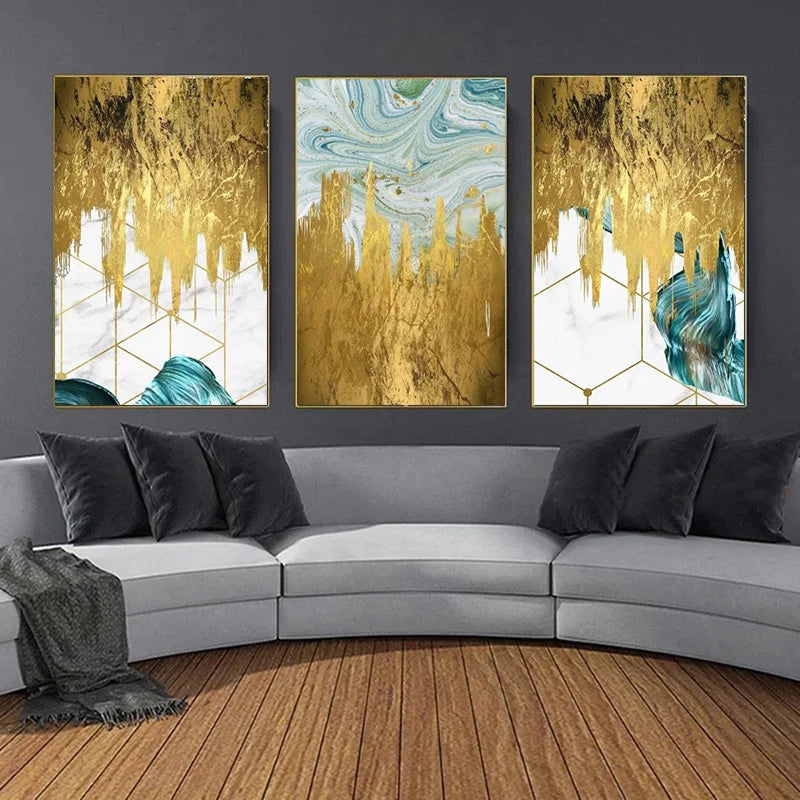 Abstract Liquid Golden Aqua Marble Wall Art Fine Art Canvas Prints Pictures For Living Dining Room Nordic Art For Modern Apartment