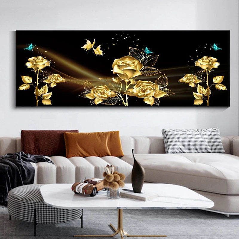 Light Luxury Black Golden Rose Floral Wall Art Fine Art Canvas Prints Wide Format Pictures For Above The Sofa Art For Above The Bed
