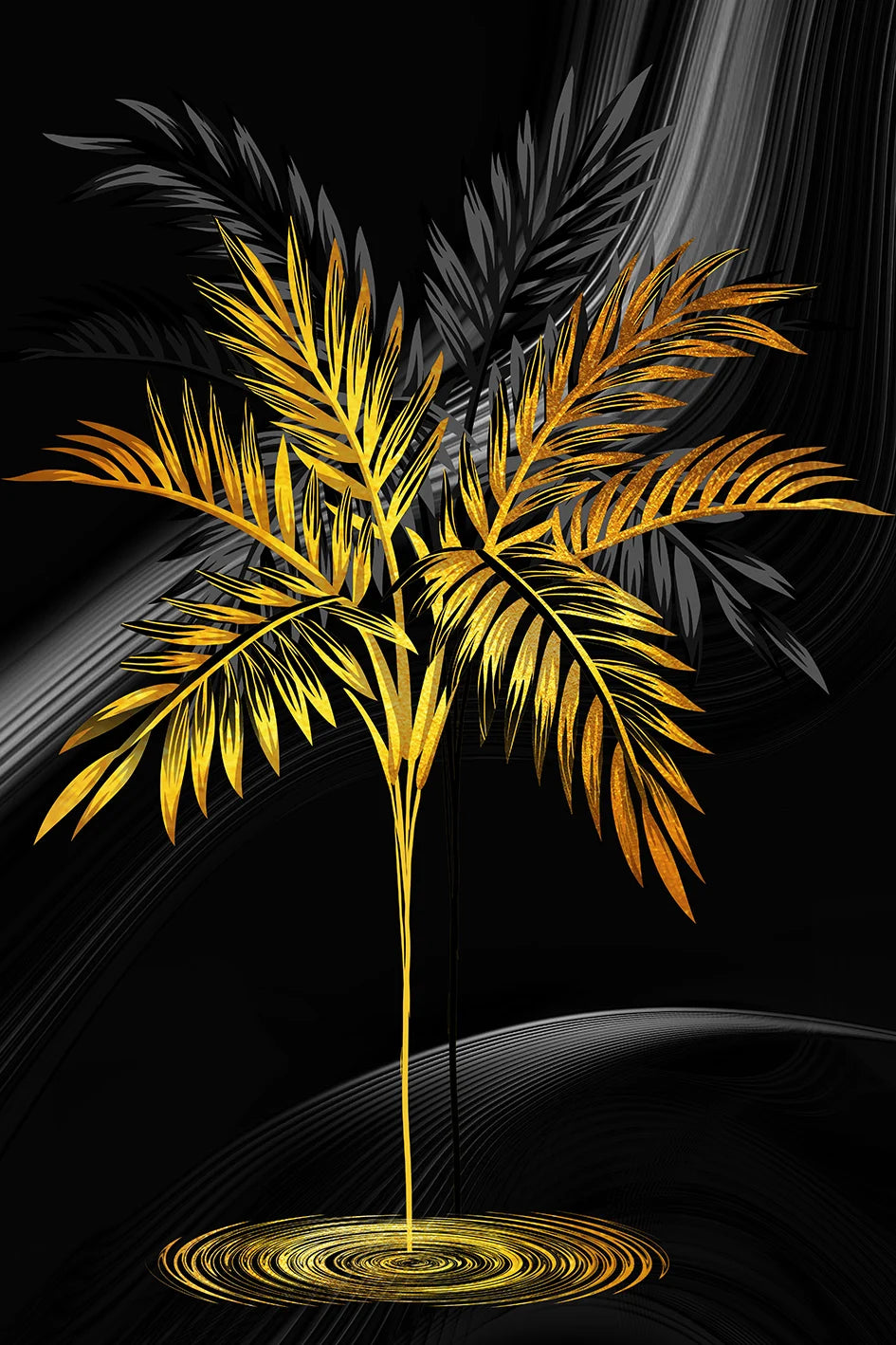* Featured Sale * Exotic Tropical Botanical Black Golden Leaves Wall Art Fine Art Canvas Prints Pictures For Luxury Living Room Bedroom Boutique Hotel Decor