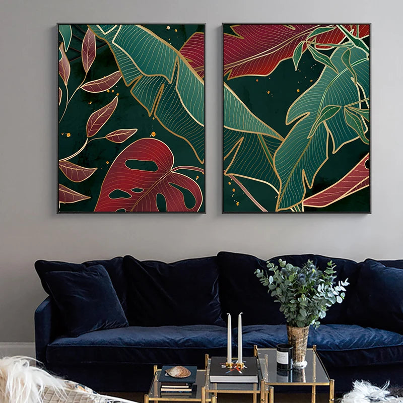 Modern Abstract Tropical Botany Wall Art Fine Art Canvas Prints Red Green Palm Leaves Posters Pictures For Living Room Hotel Room Decor