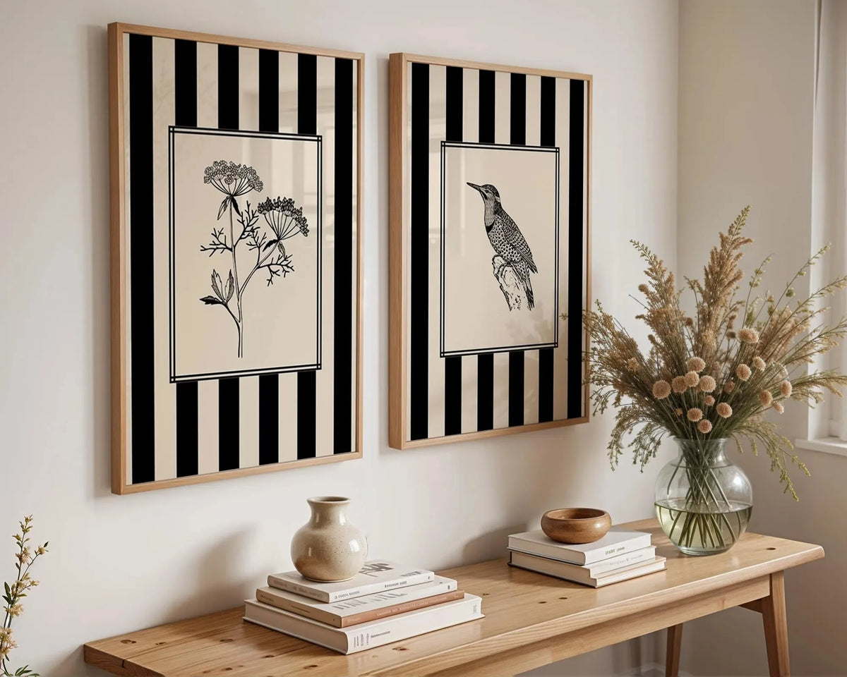 Set of 2Pcs Vintage Birds Wall Art Fine Art Canvas Prints Neutral Tones Retro Illustrations of Birds Artworks For Farmhouse Kitchen Living Room Simple Bedroom Home Decor 