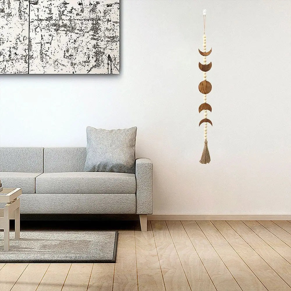 Nordic Wood Moon Phase Home Made Hanging Garland Rope Tassel Wall Decoration For Living Room Bedroom Simple Scandinavian Home Decor