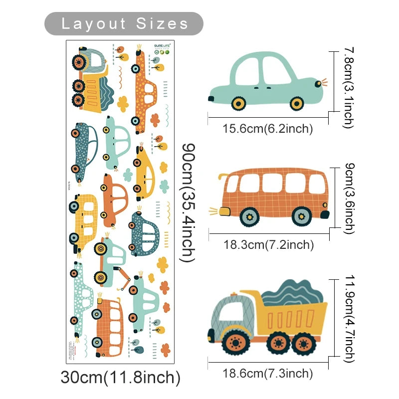 Cute Cartoon Trucks Buses & Cars Wall Stickers For Boy's Room Removable Peel & Stick PVC Wall Decals For Creative DIY Nursery Home Decor