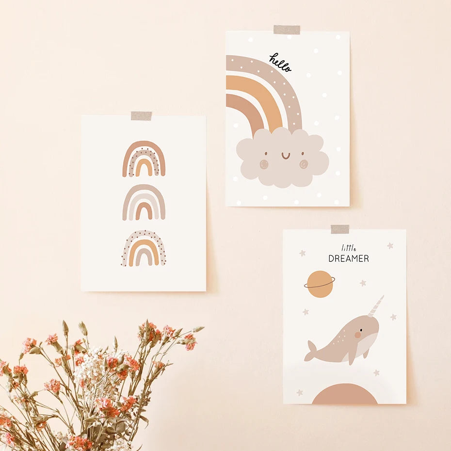 Personalized Baby's Name Wall Art For Nursery Room Cute Rainbow Cloud Play All Day Poster Pictures For Baby's Boy Girl's Room Wall Decoration