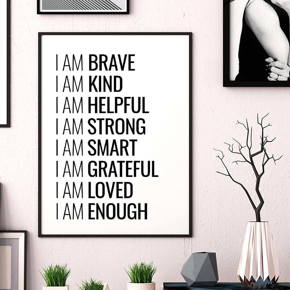 I Am Enough Inspirational Quote Wall Art Fine Art Canvas Print Black White Daily Mantra Motivational Poster For Bedroom Living Room Wall Decor