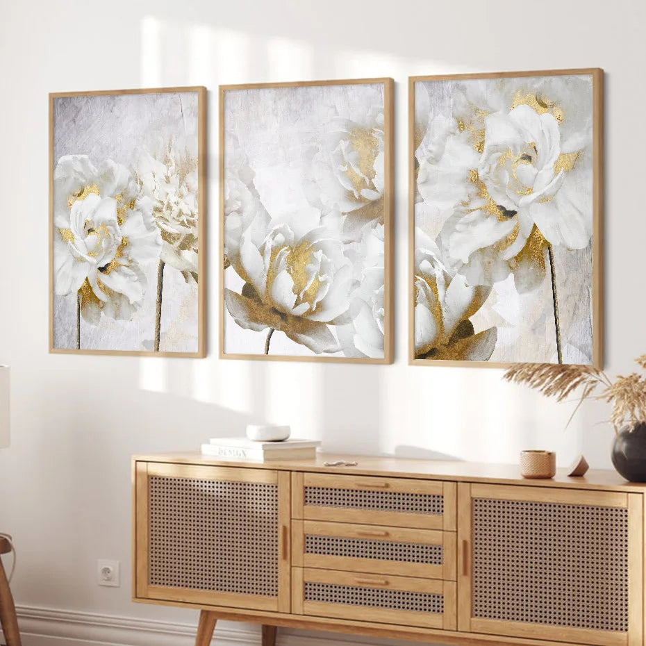 Opulent Blossoms Elegant White Flowers with Gold Accents Canvas Wall Art Fine Art Canvas Prints Posters Floral Pictures For Modern Living Room