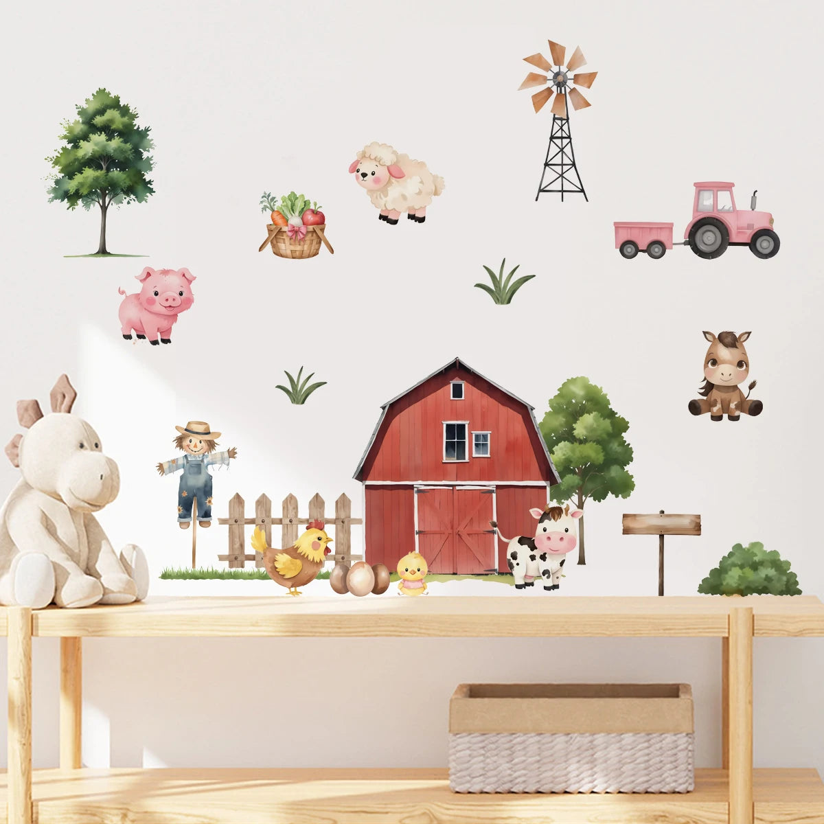 Pink Tractor & Farm Friends Wall Decal – Cartoon Cows & Animal Wall Decals for Kids Bedroom, Nursery, or Playroom Decor