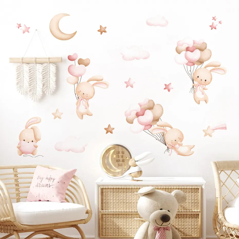 Pink Bunny Balloons Moon & Stars Wall Stickers For Kid's Room Removable Peel & Stick PVC Wall Decals For Creative DIY Children's Nursery Decor