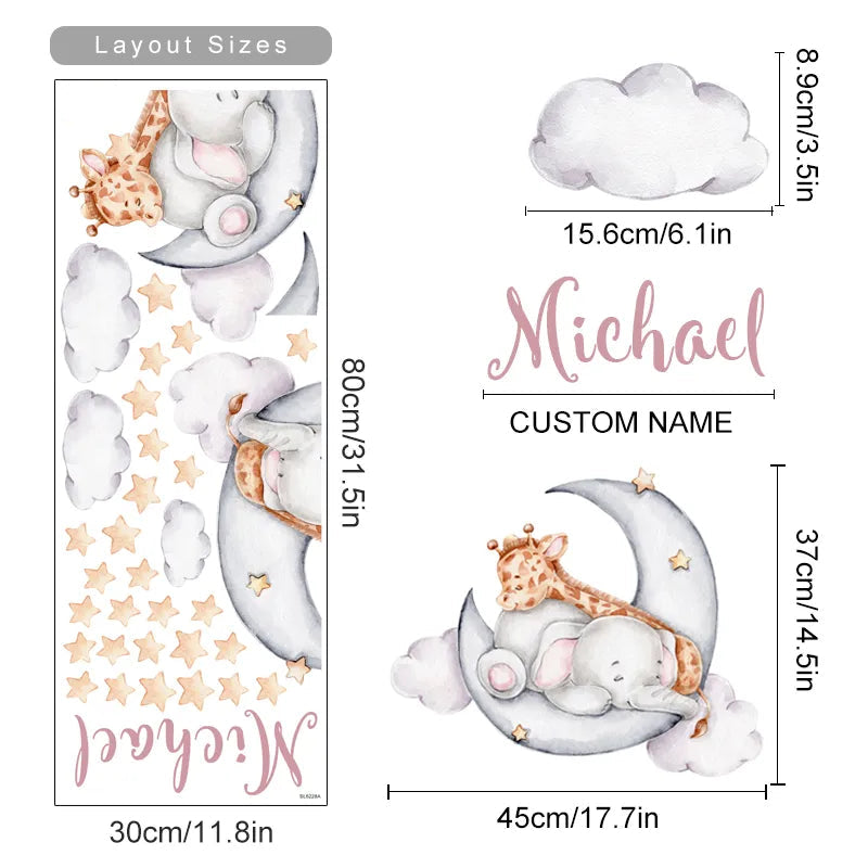 Personalized Baby's Name Wall Sticker For Nursery Room Cute Elephant Giraffe Moon & Stars Removable PVC Wall Decal For Kid's Room Wall Decor 
