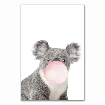 Baby Animals Pink Bubble Gum Zebra Giraffe Koala Bear Cub Cute Nursery Wall Art Fine Art Canvas Prints Posters For Baby's Room Decor