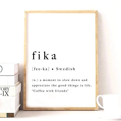 Fika Poster Swedish Lifestyle Quote Black White Wall Art Fine Art Canvas Print Inspirational Motivational Wall Decor For Modern Living