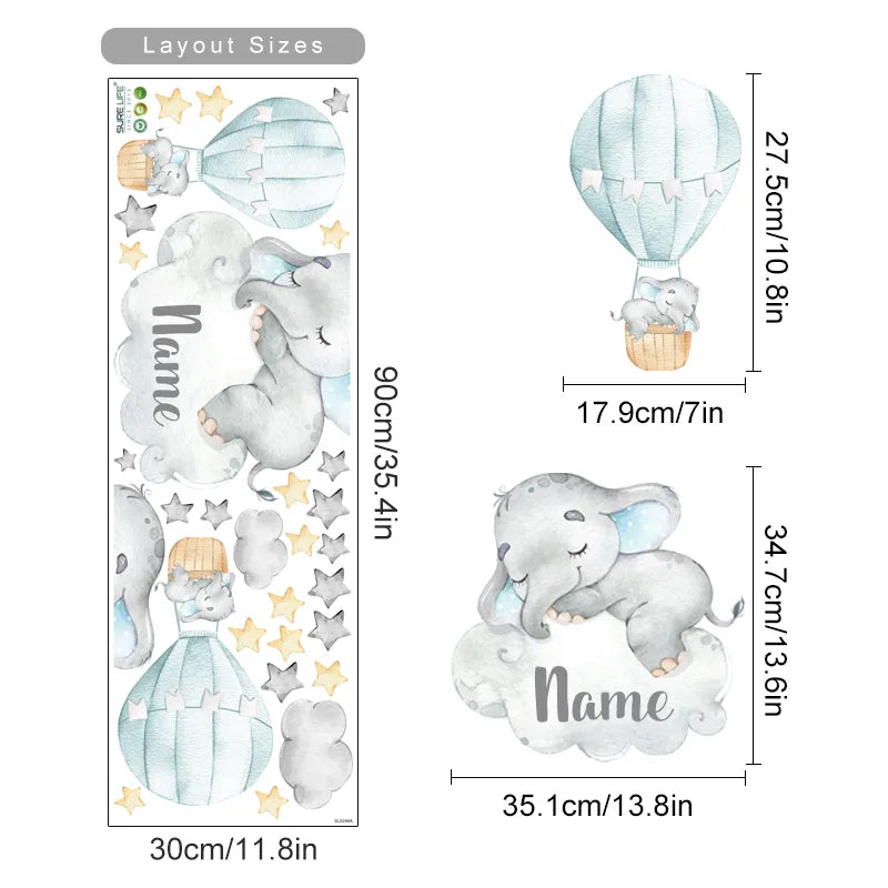 Cartoon Elephant Balloon Clouds Cute Wall Decals For Baby's Room Peel & Stick Removable Wall Stickers For Kid's Room Creative DIY Home Decor